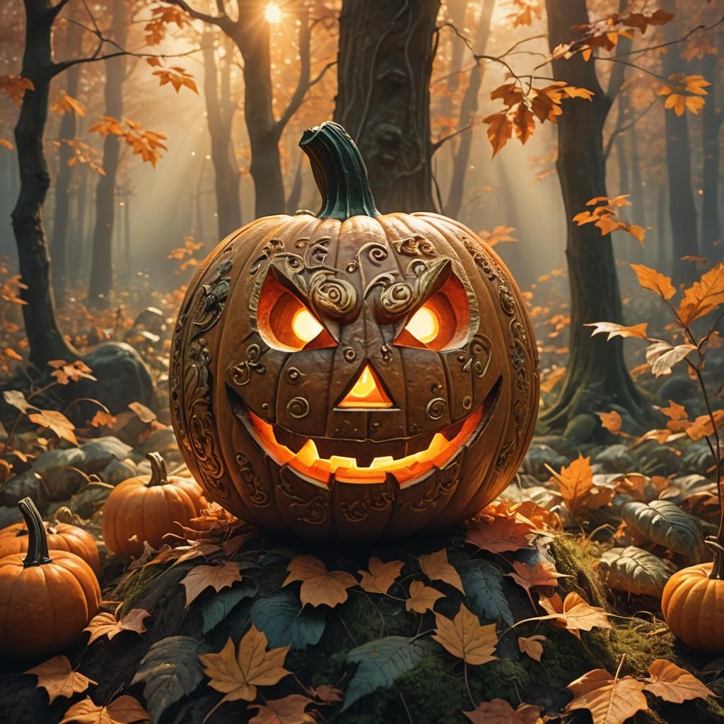 Jack-O'-Lantern in Autumn Forest: A Fantasy Oil Painting