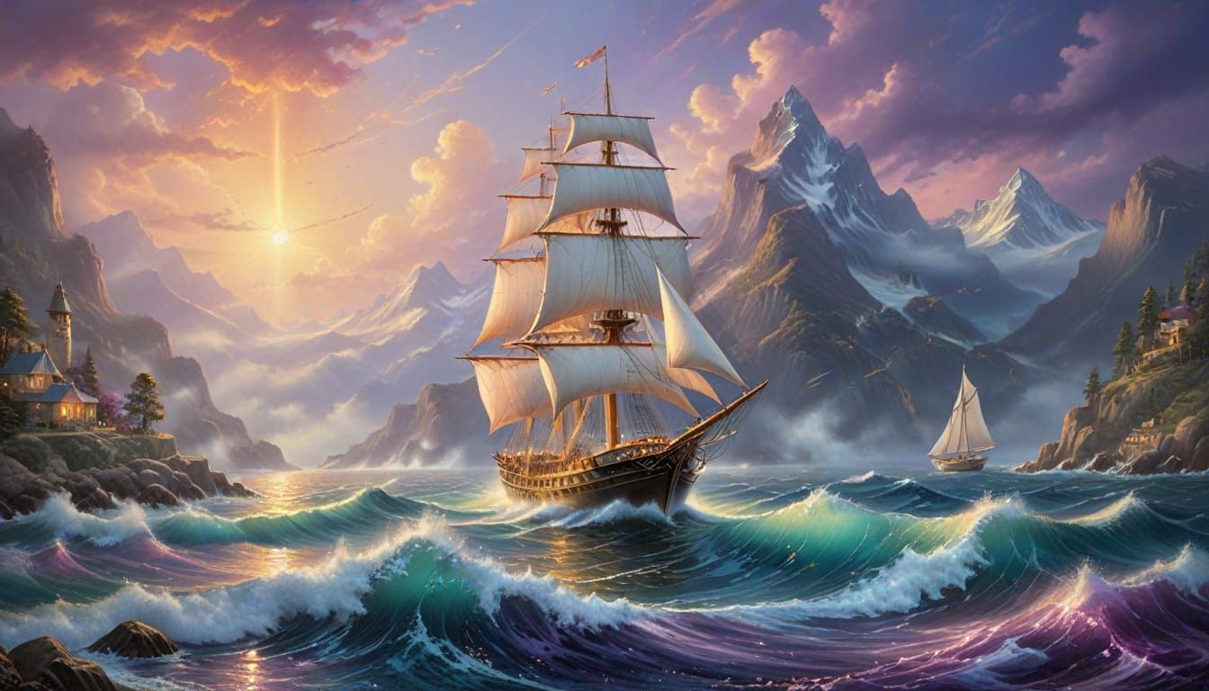 Golden Twilight Sailboat on Ocean with Mountains