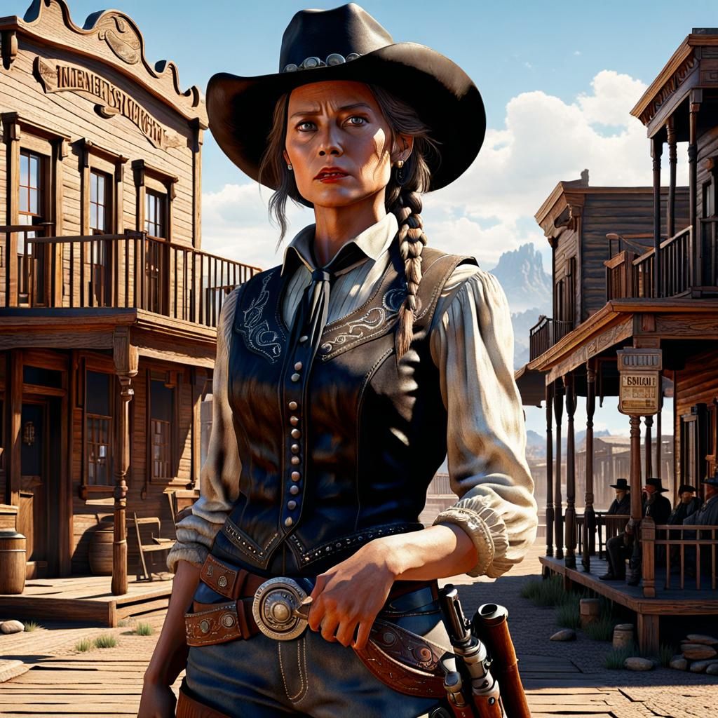 Lady Gunslinger in Western Town: Detailed 8k Image