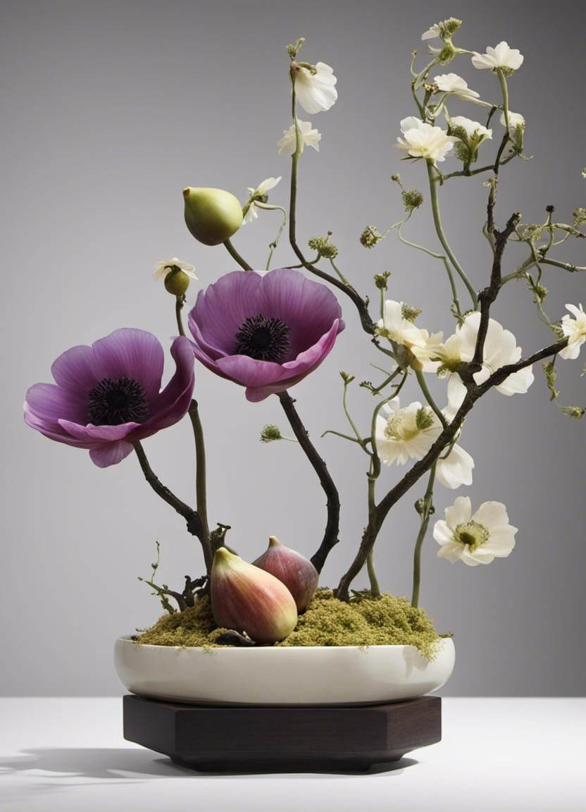 Sogetsu Ikebana: Anemones and Figs Arrangement