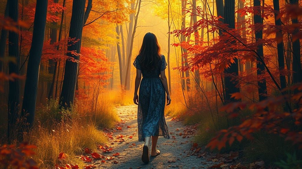Autumnal Woman in Forest Path, Photorealistic Painting