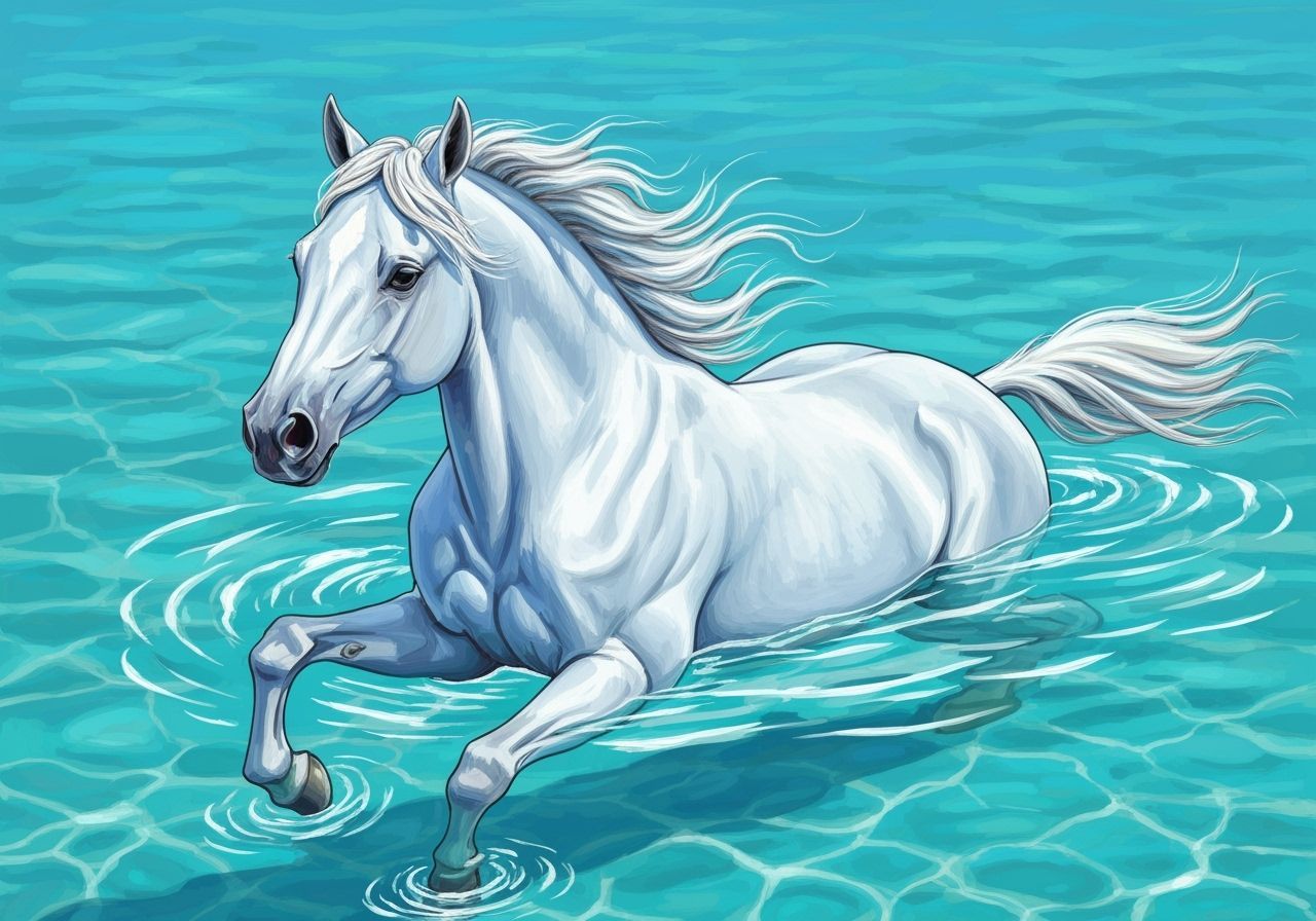 Majestic White Horse Swimming: Romantic Impressionism