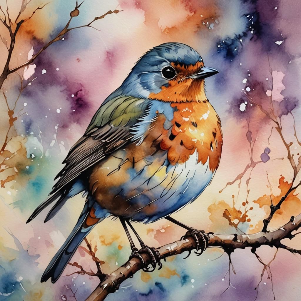 Robin in Watercolor and Alcohol Ink Sunrise