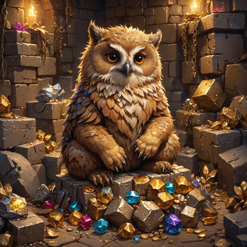 Whimsical Fantasy Owlbear Cub Amidst Treasure and Dungeon Wa...