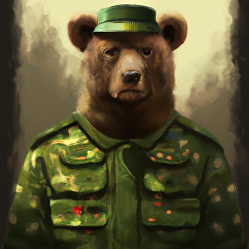 Grizzly Bear Soldier Portrait in War Landscape