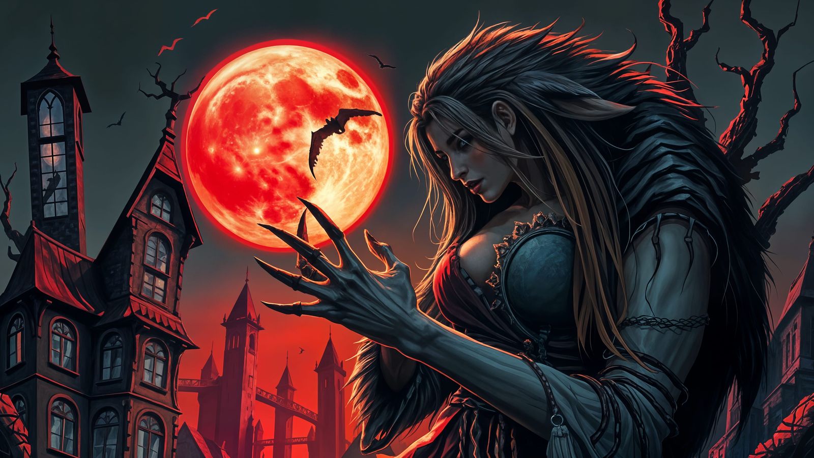 Werewolf Goddess Underneath Blood Moon in Urban Landscape