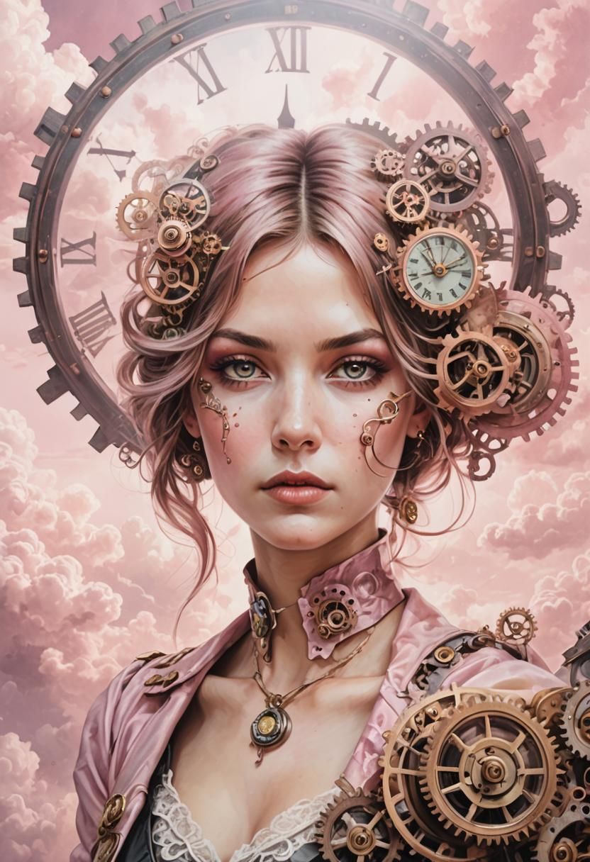 Steampunk Woman Portrait with Pink Clouds