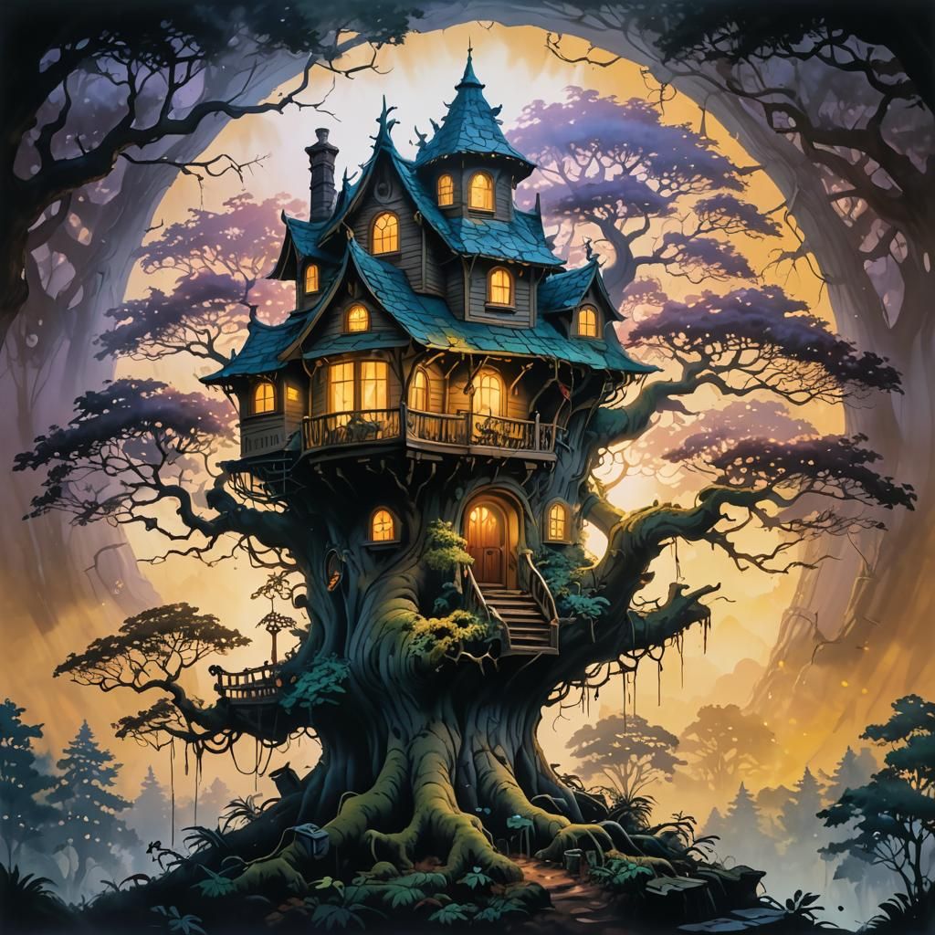 Fantasy Treehouse in Cel-Shaded Airbrush Style