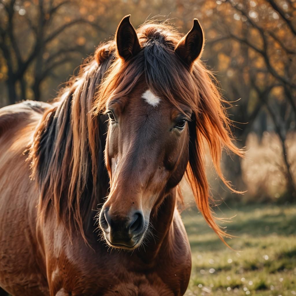 A beautiful, fiery orange and black horse head, long hair.