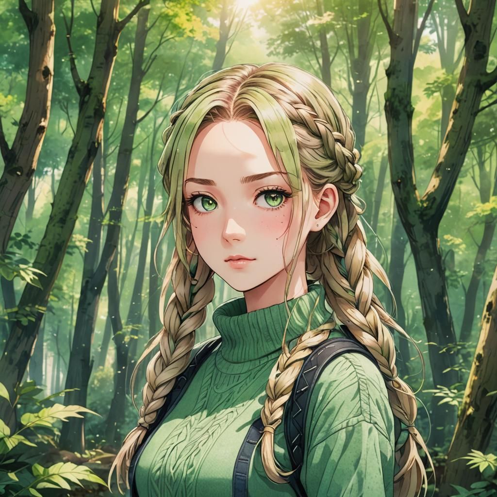 Anime Girl Portrait in Forest, Watercolor Style