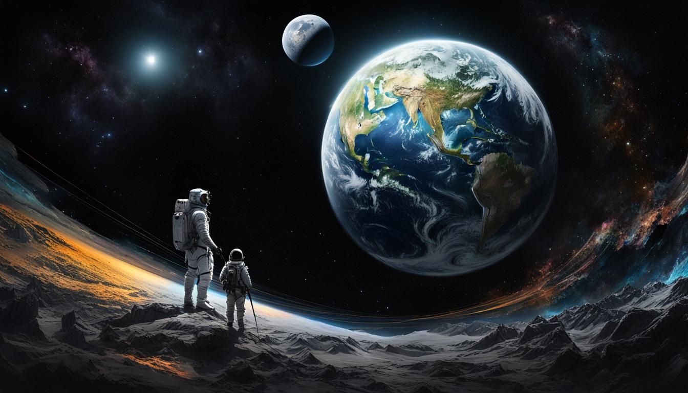 Earth and Moon from Space in Watercolor Style