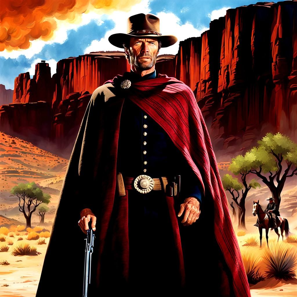 Dramatic Gunslinger Portrait in Western Scene