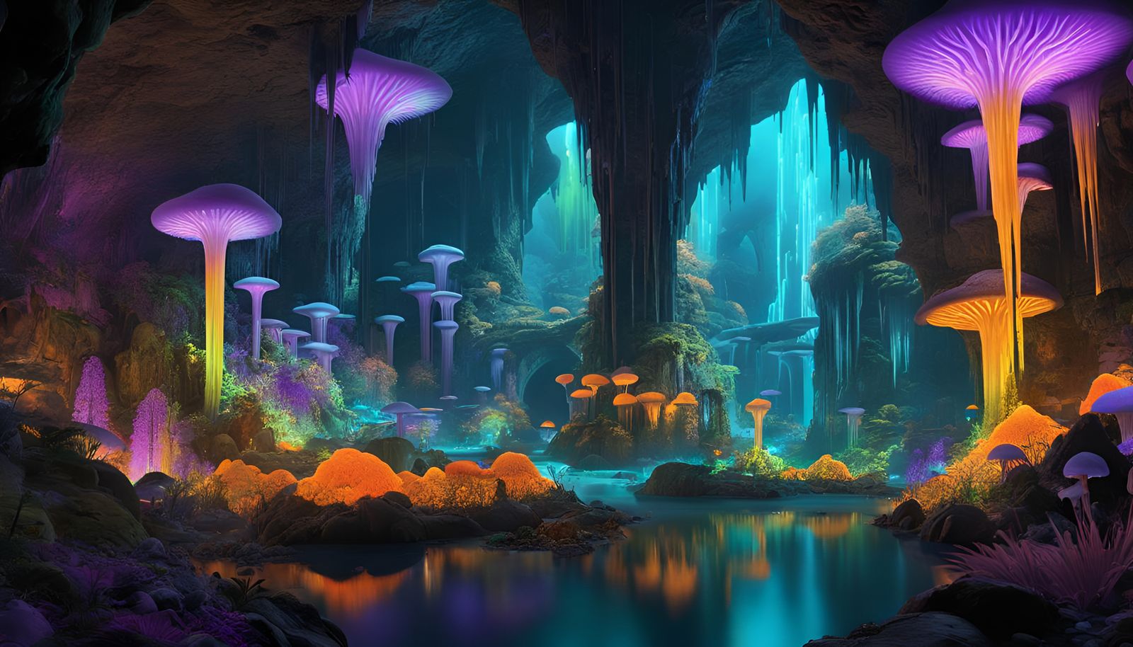 Bioluminescent Underground City in a Cavern