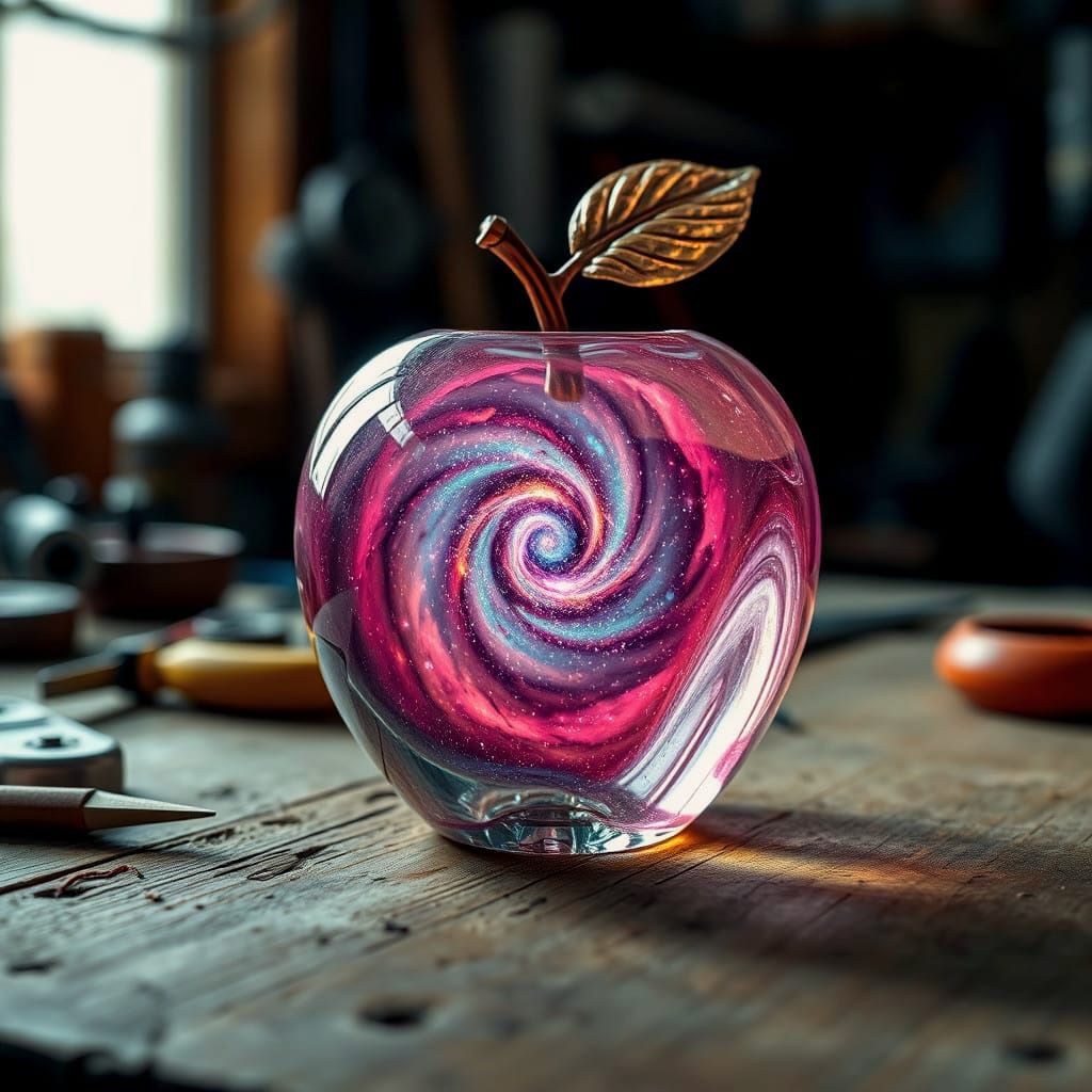 Glass Apple Containing a Vibrant Celestial Galaxy