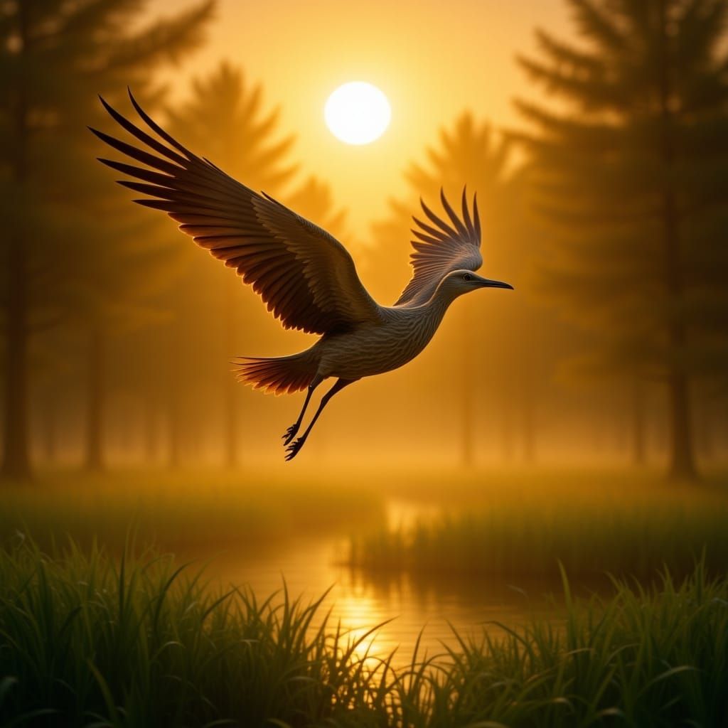 Wild Birds Soaring Through Misty Sunset Swamp