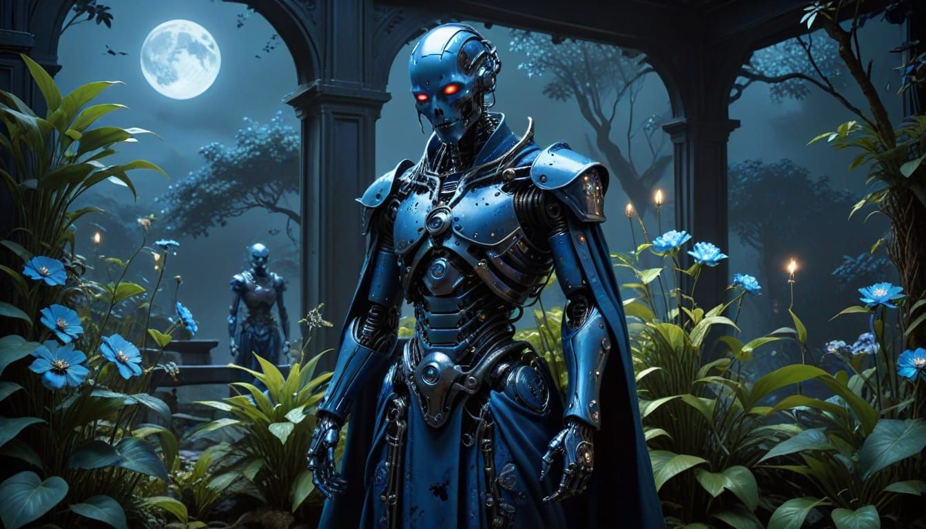 Gothic Clockwork Garden with Sapphire Robots