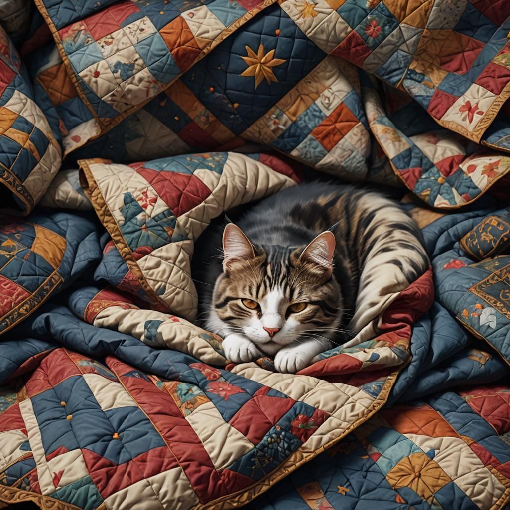 Cat Nap on Quilt: Fantasy Concept Art