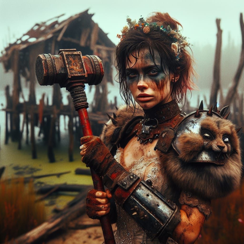Dystopian Bride Warrior with Battle Hammer