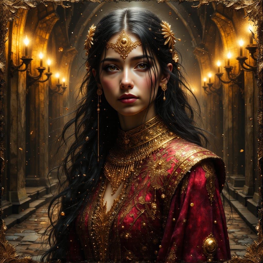 Young Sorceress in Gothic Hall as Oil Painting