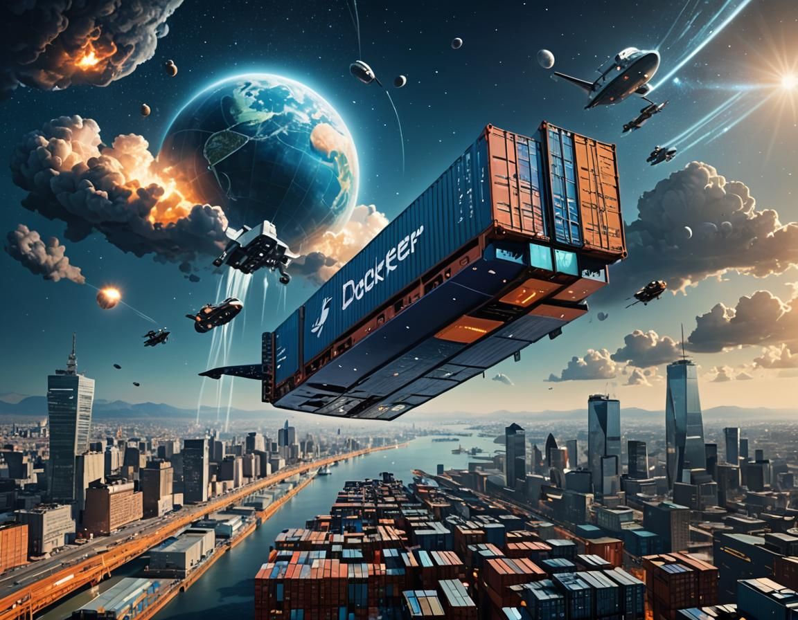 Docker Container Spaceship Ascending in Futuristic Cityscape