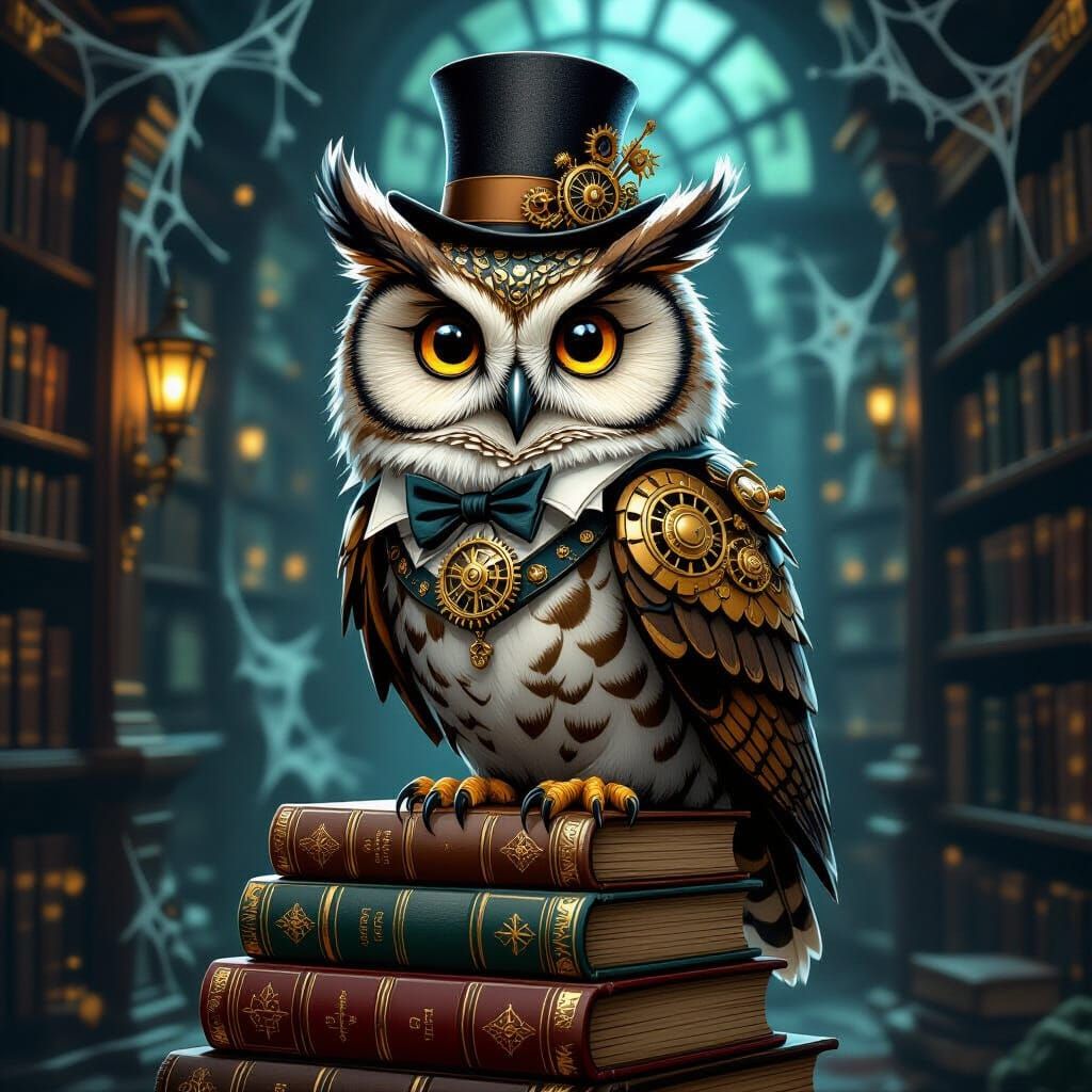 Steampunk Owl on Books in Arcane Library