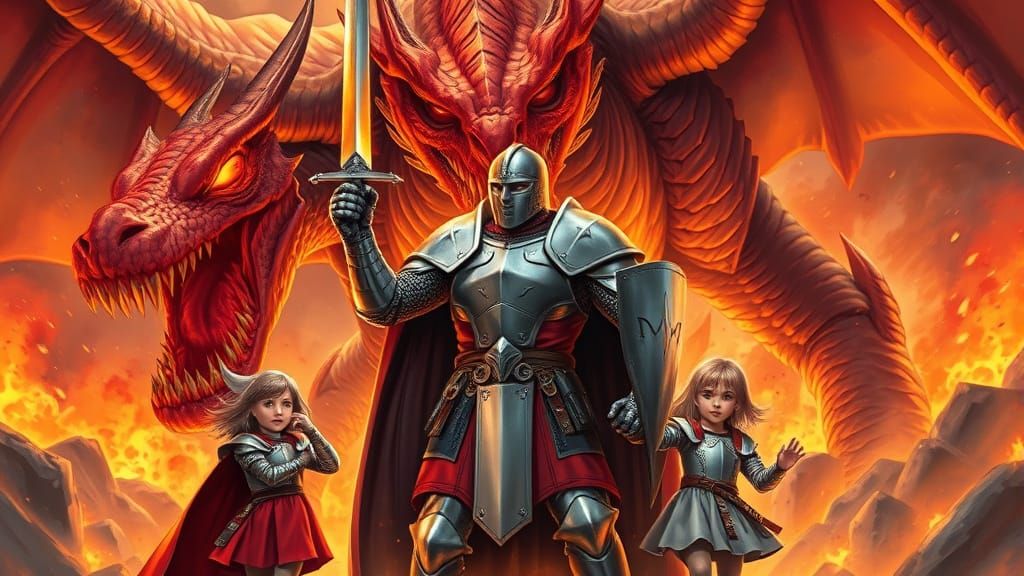 Knight Defends Children From Dragon in Comic Book Art