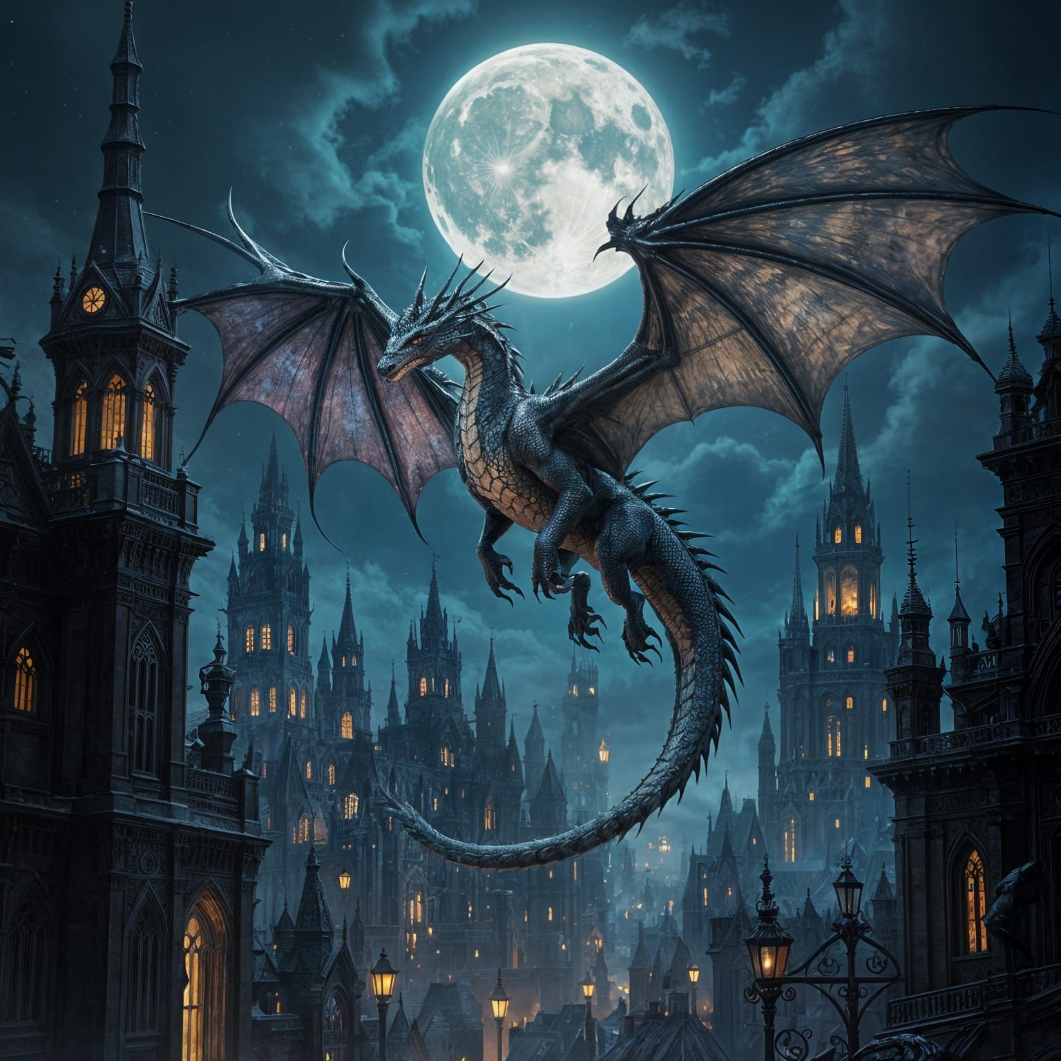 Bioluminescent Dragon Soars Over Gothic Cityscape