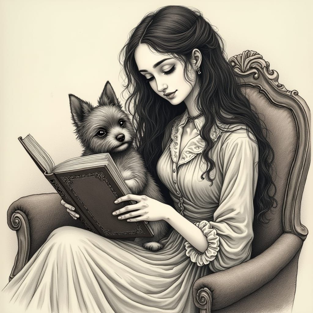 Woman Reading with Puppy: Pen and Ink Illustration