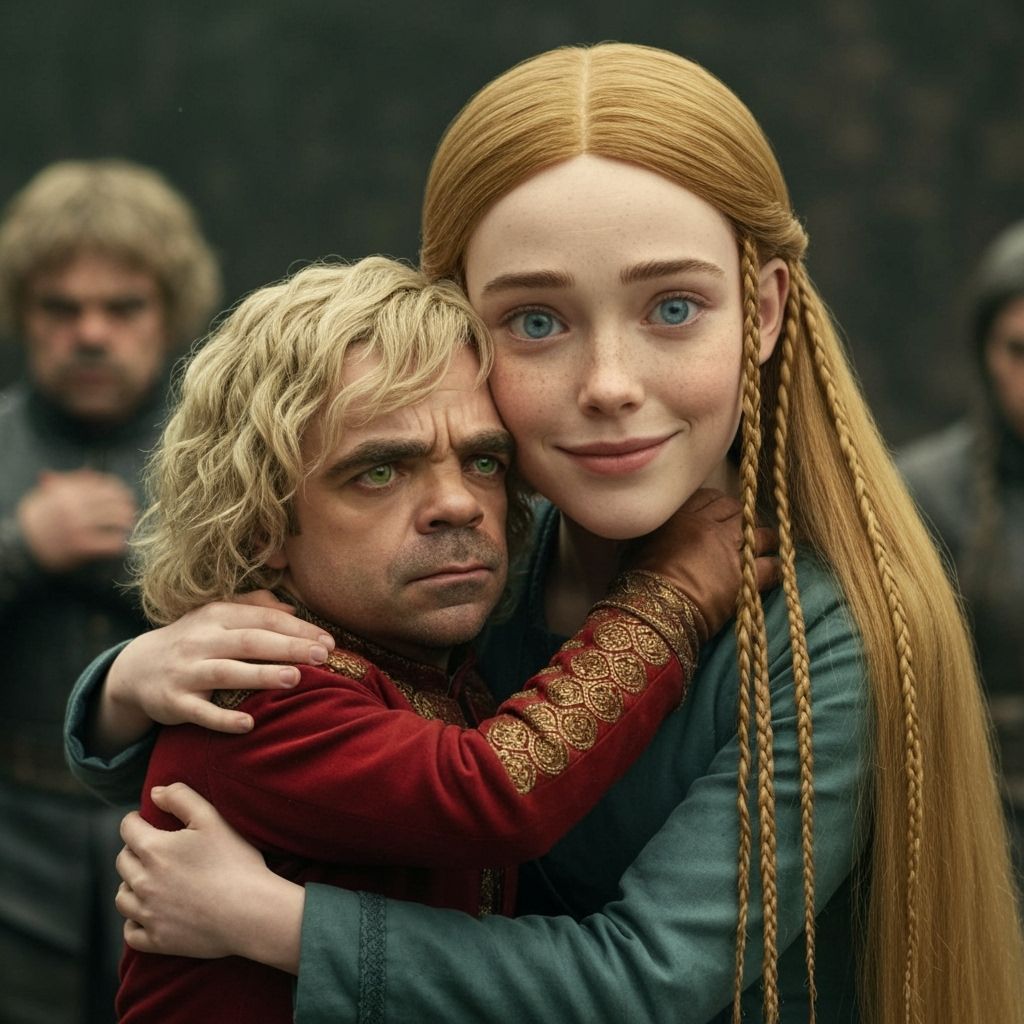 Tyrion Lannister Hugs a Woman with Golden Braids