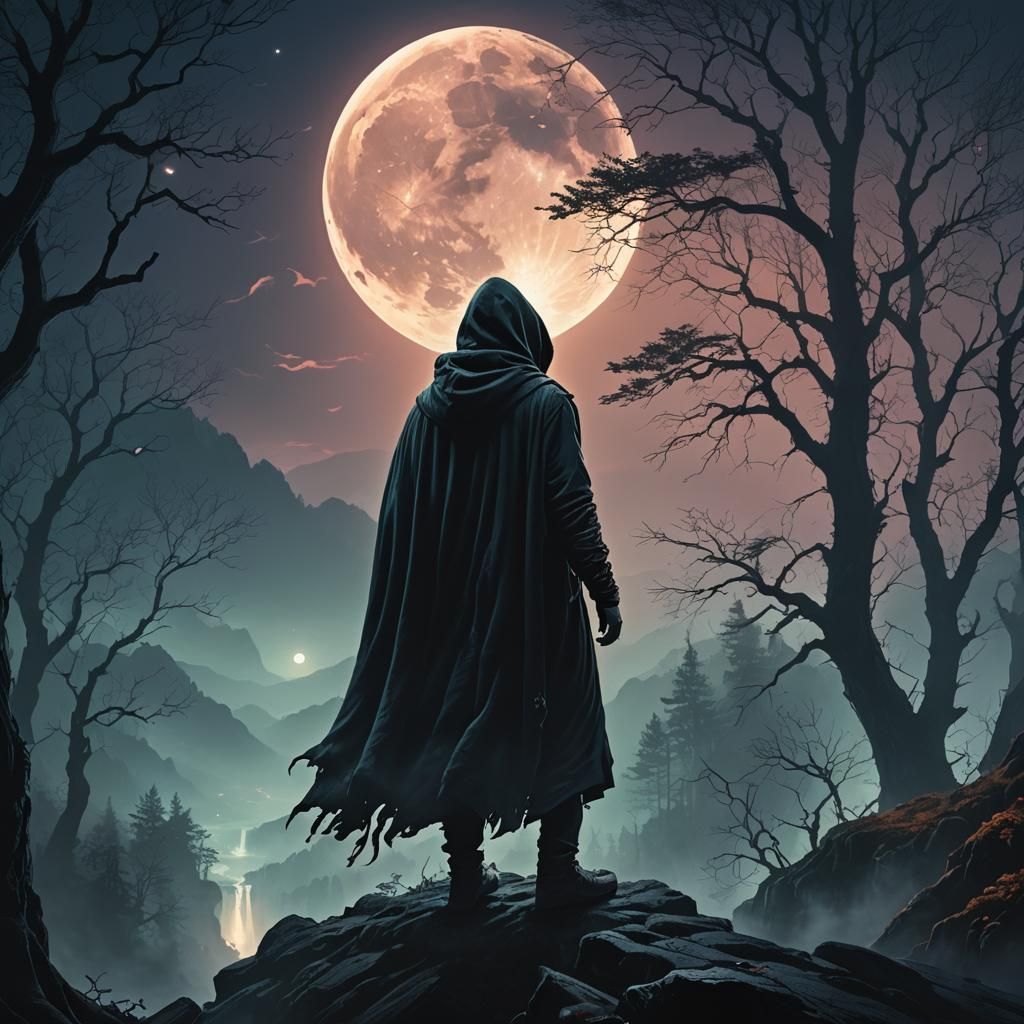 Mystical Hooded Figure on Cliff in Dark Forest
