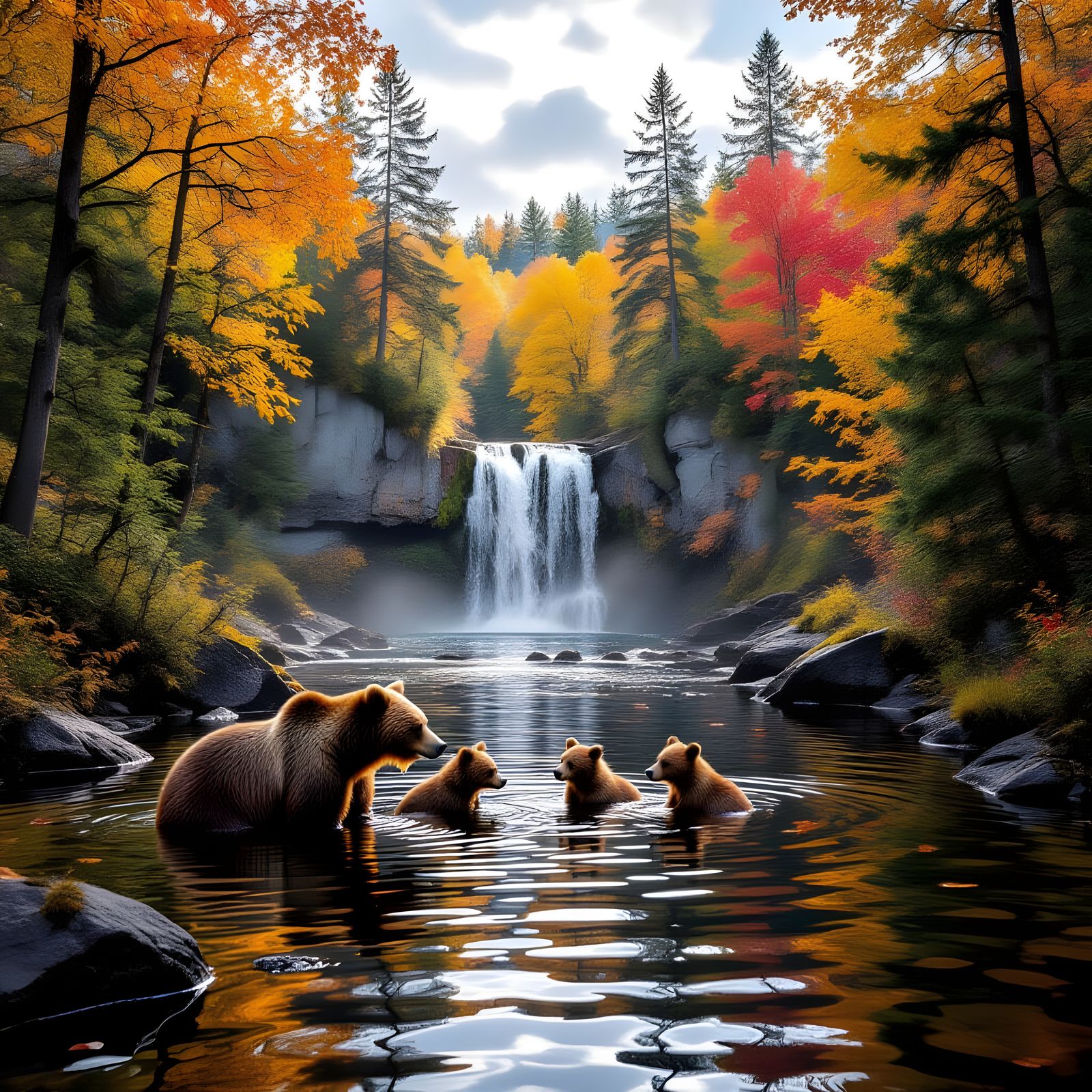 Mother Bear and Cubs at Autumn Waterfall