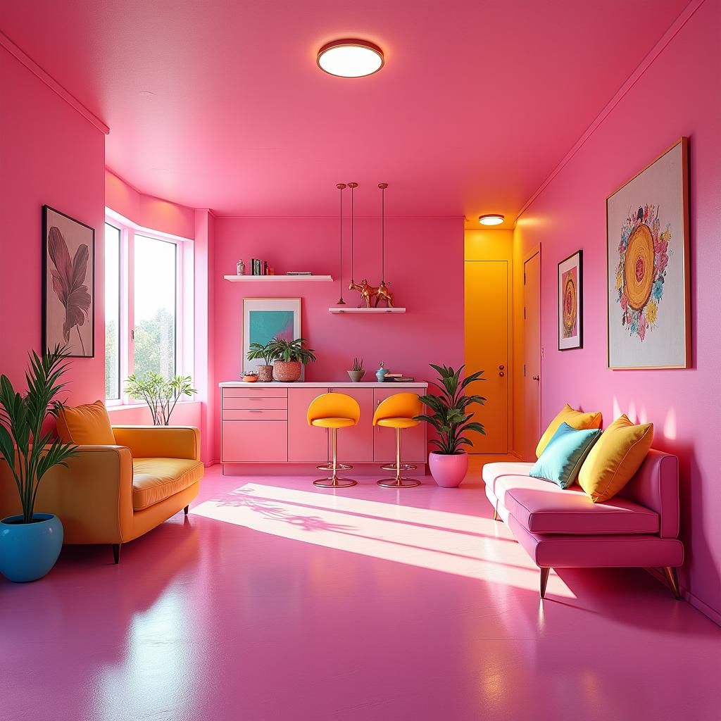 Pink Retro Barbie Dream House Interior, Digital Art