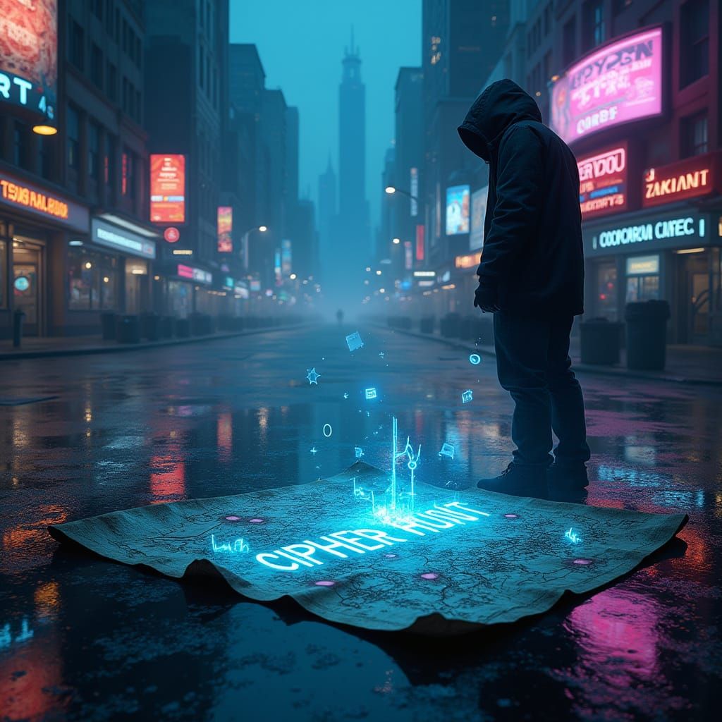 Cyberpunk Cipher Hunt Poster in Neon-Lit Dystopia