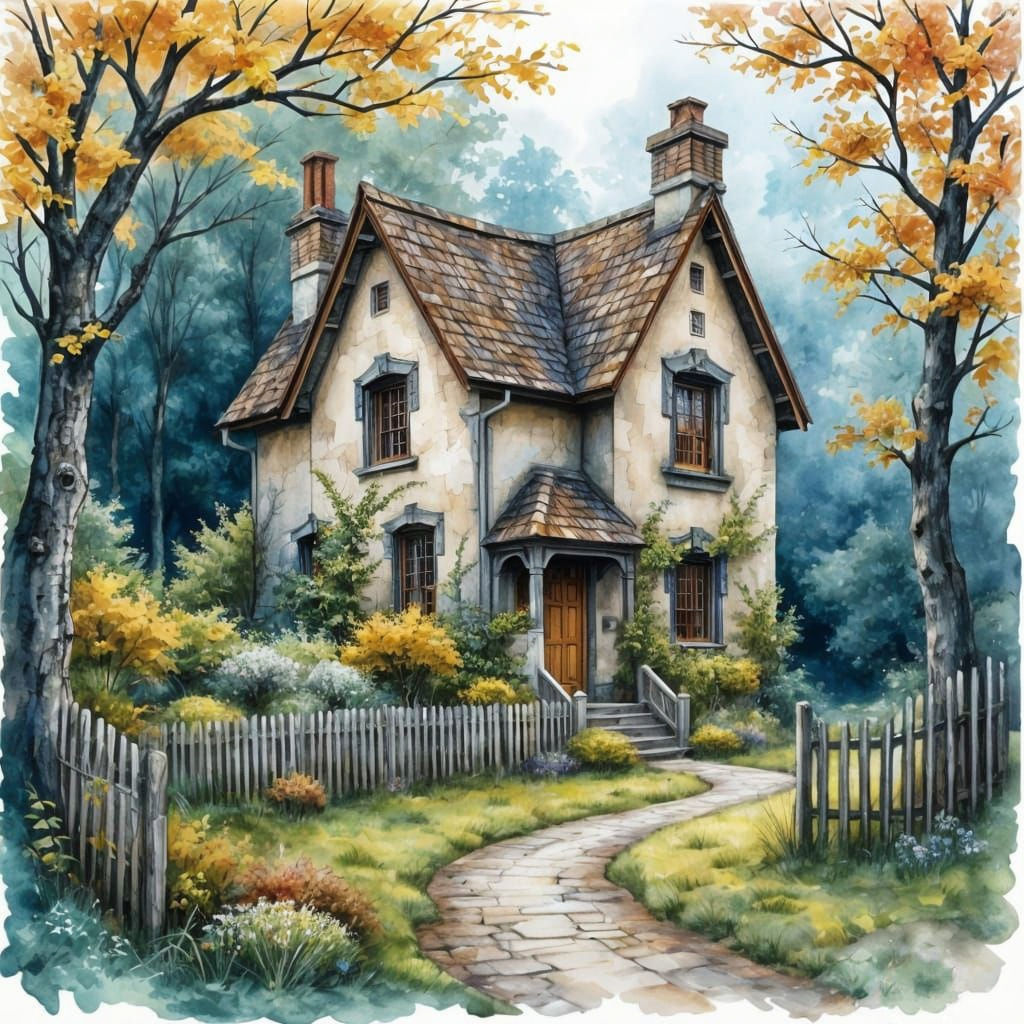Misty Victorian Cottage in Fall Forest Watercolor