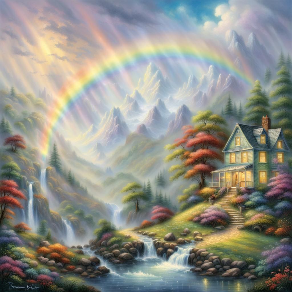 Ethereal Rainbow Fantasy Landscape in Kinkade Style