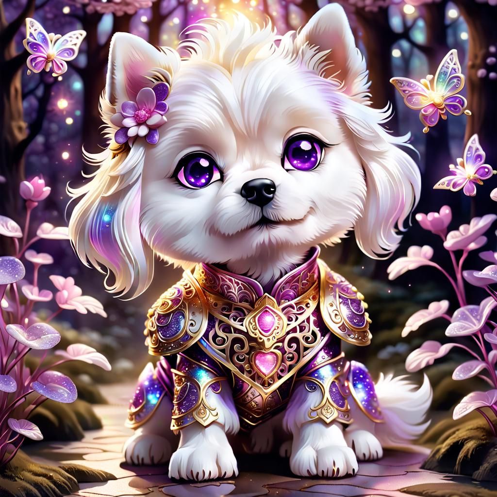 White cute dog wearing ornate armor