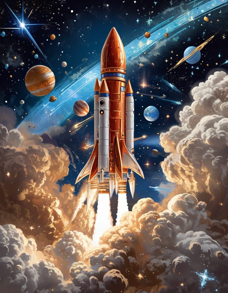 Baroque Rocket Launch into Starry Sky