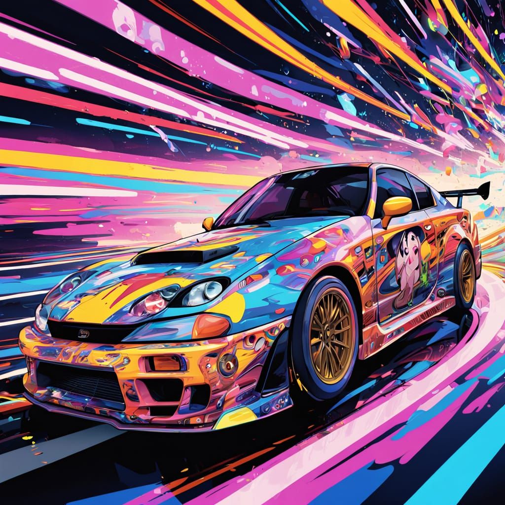 Vibrant Anime Babe Livery Car Speeds Down a Neon Highway