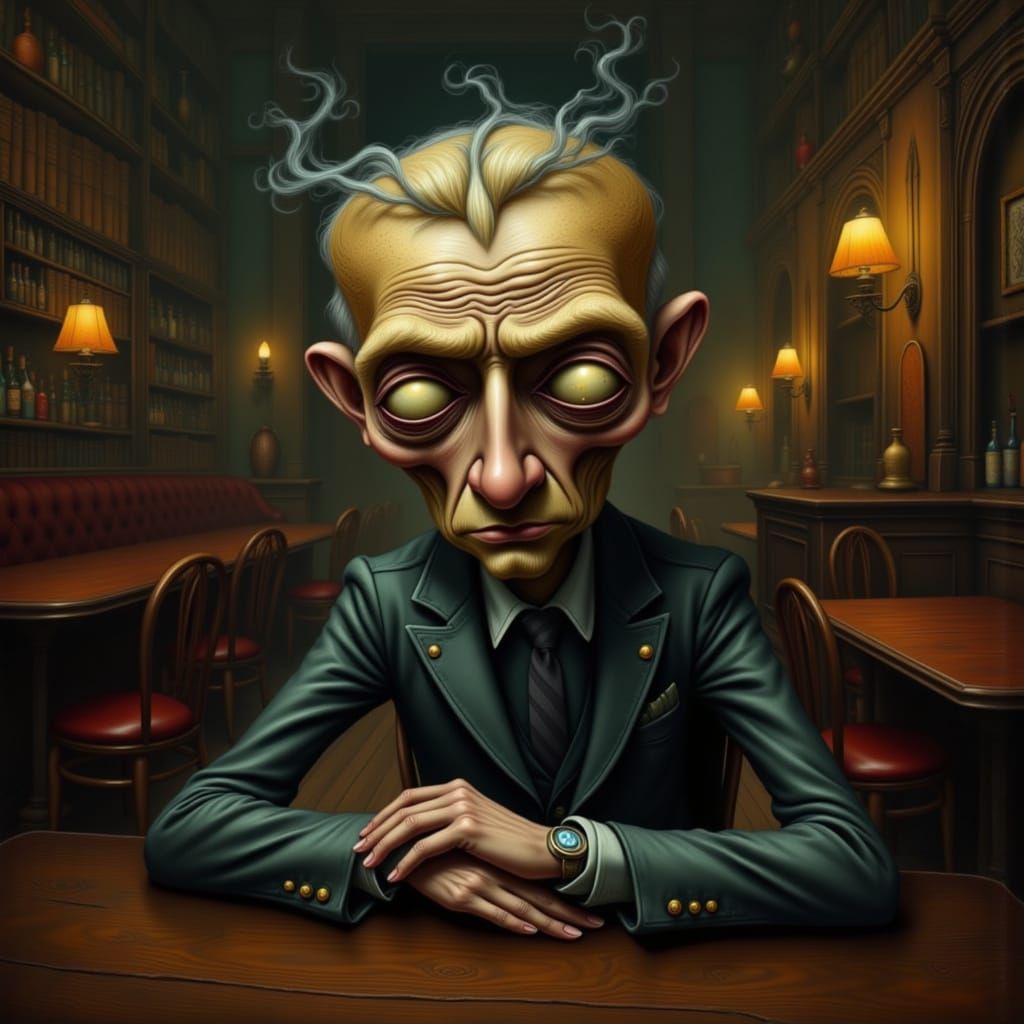 Man with Pie Eyes at Bar in Surreal Style