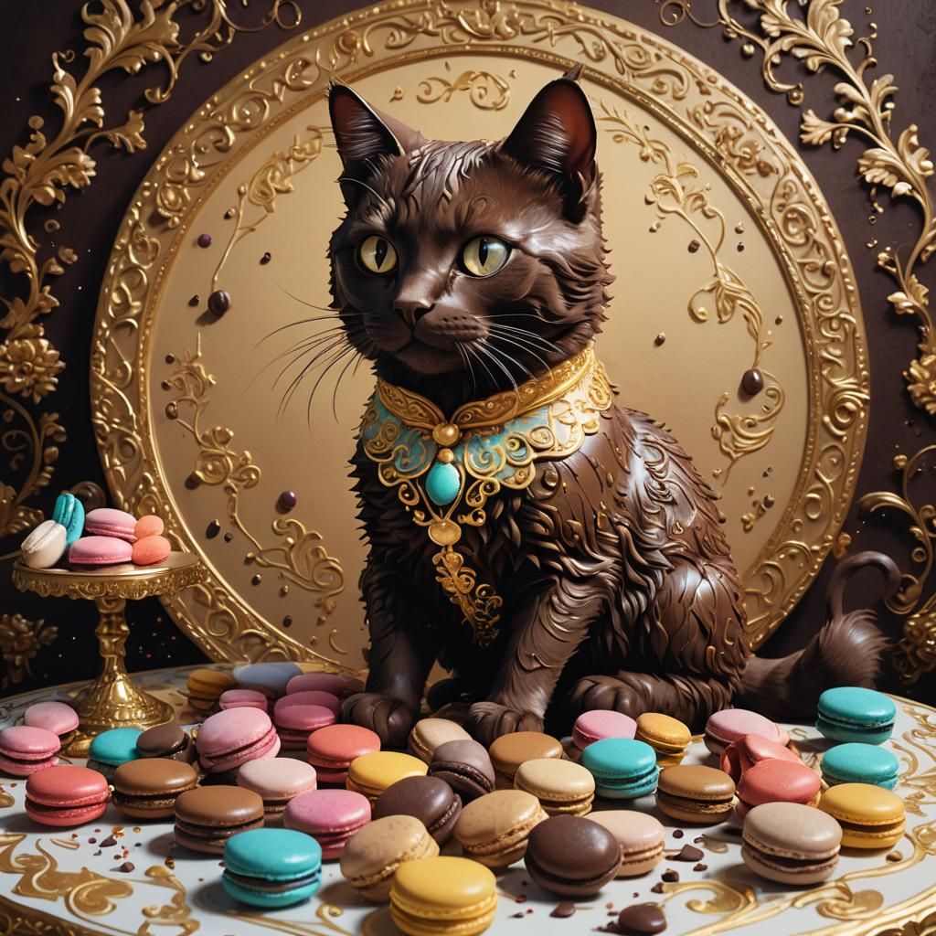 Chocolate Macaron Cat Fantasy Illustration