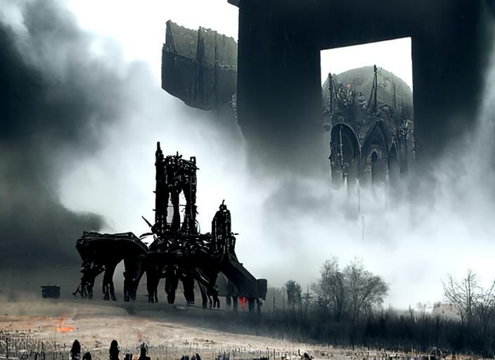 Biomechanical Caravan at Ruined Gothic Cathedral