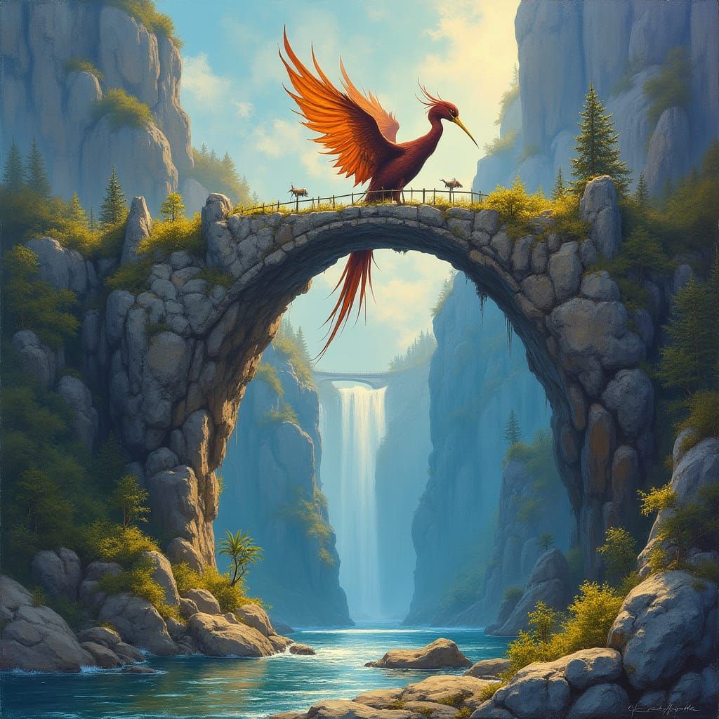 Vibrant Gouache Painting of a Mystical Bird Rising from a Fa...