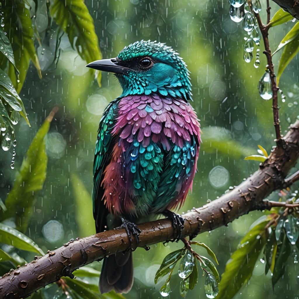 Turquoise Bird in Tropical Rain, Hyperdetailed Photography