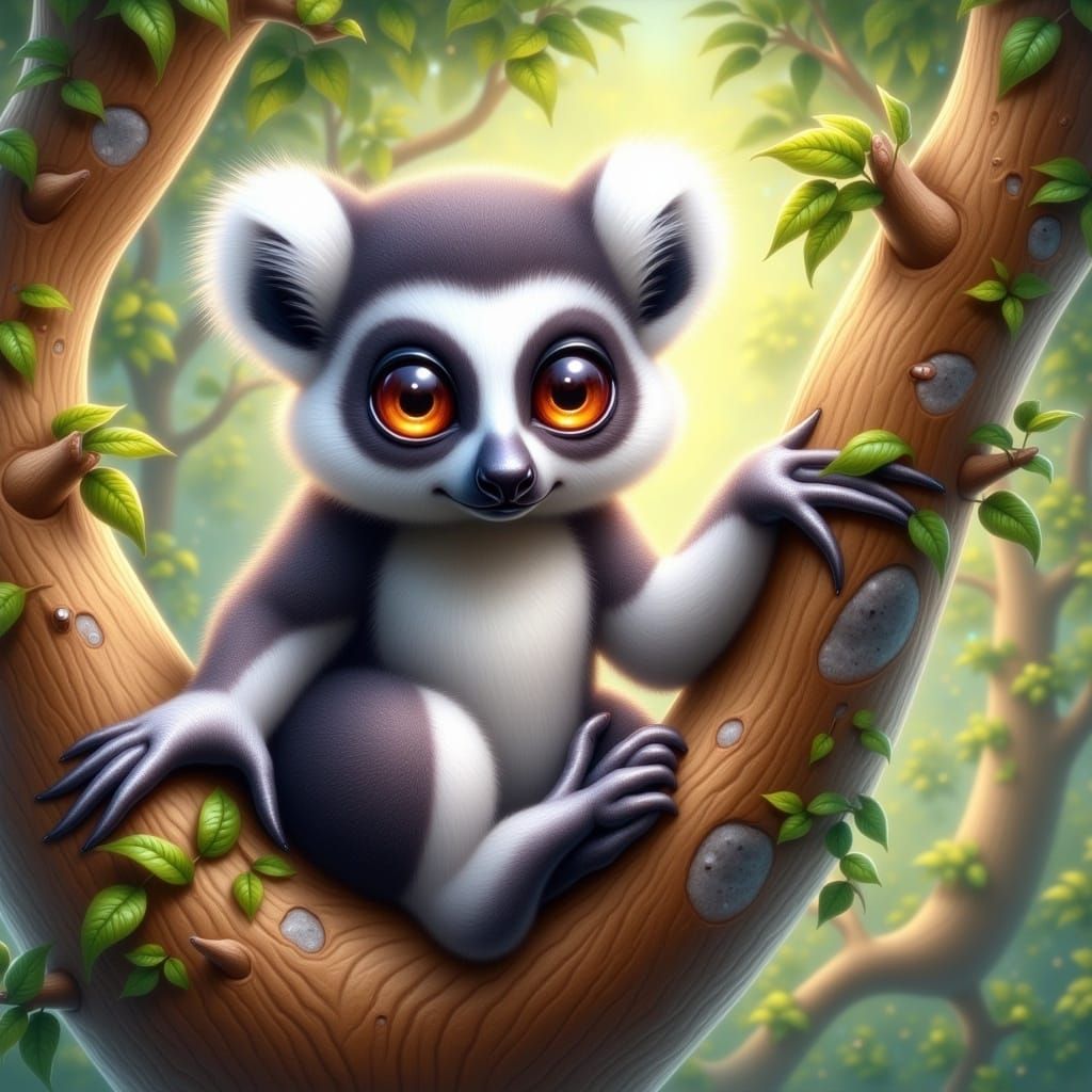 Whimsical Lemur in Tree with Fantasy Glow