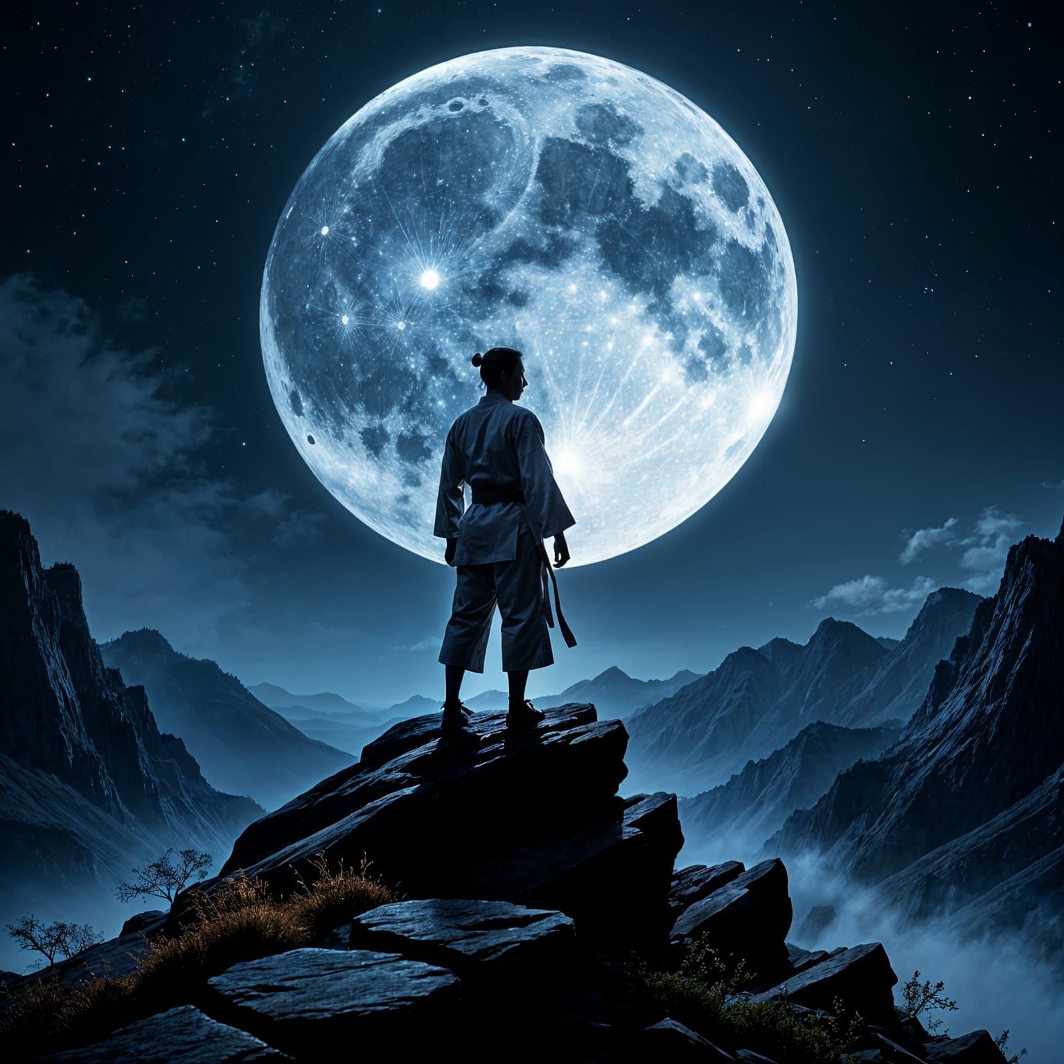 Karate Master Meditates Under the Moon
