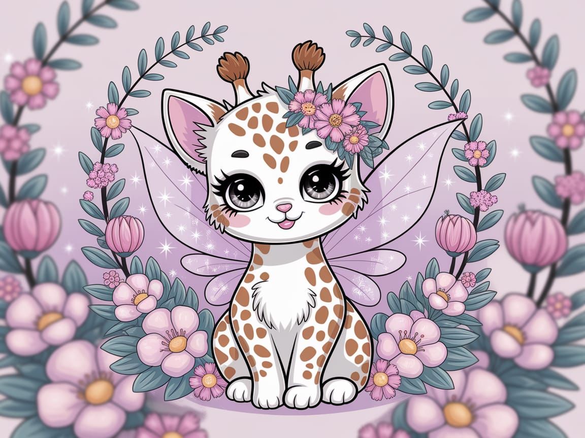 Whimsical Giraffe-Kitten in Kawaii Pastel Garden