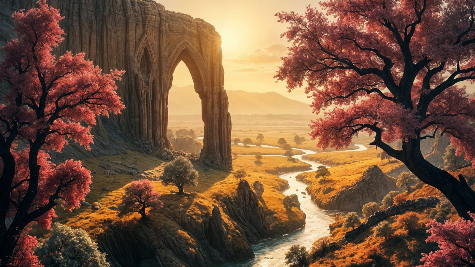 A vast and beautiful fantasy lanscape extends to the distant...