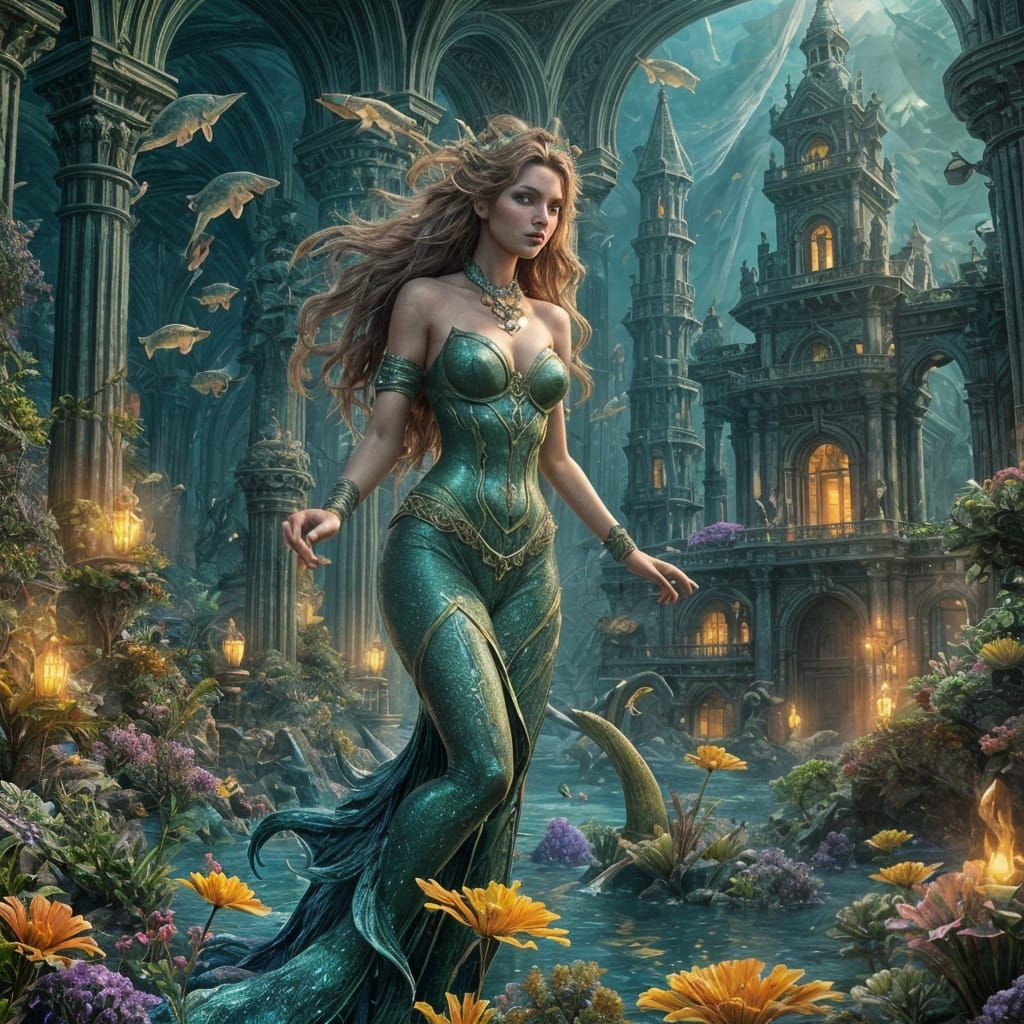 Mermaids in Bioluminescent Deep Ocean, Digital Painting