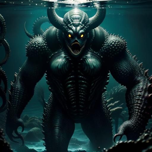 Eldritch Horror: Diver and Kaiju in Dark Ocean