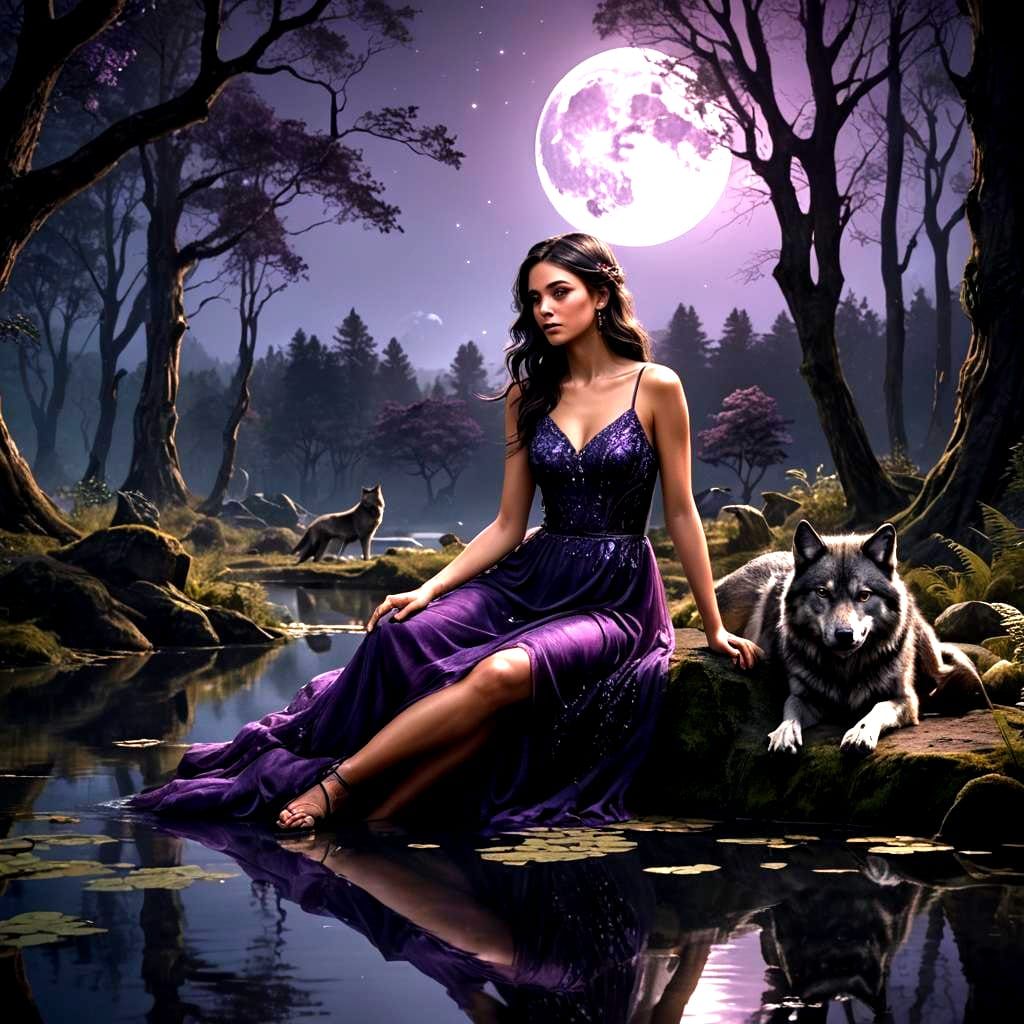 Brunette Maiden and Wolf by Moonlit Pond